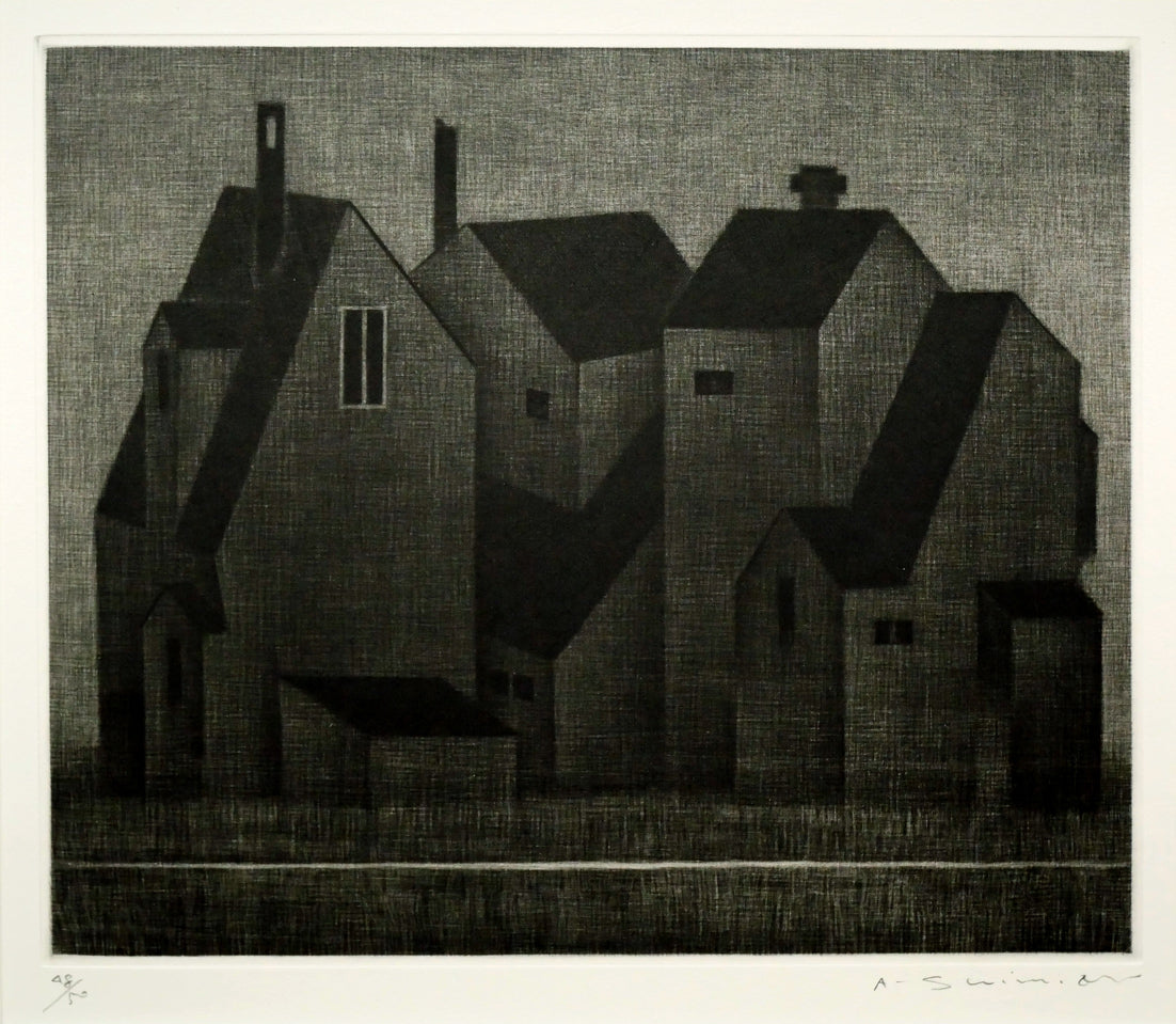 清水敦「黒い三軒の家」銅版画（メゾチント）　作品全体画像