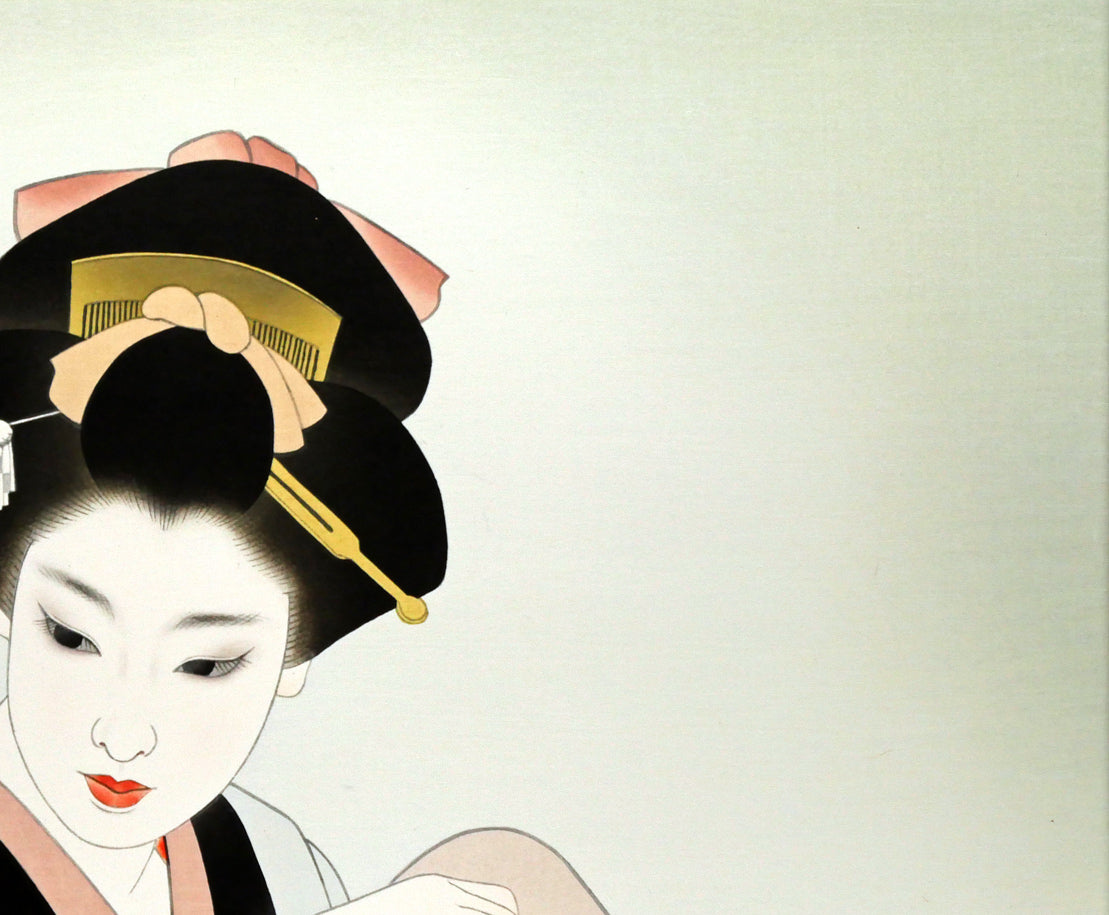 【真作】版画　志村立美　木版画　初詣　茶道の美　優雅に佇む着物姿　U160 真作】版画 志村立美 木版画 初詣 茶道の美 優雅に佇む着物姿