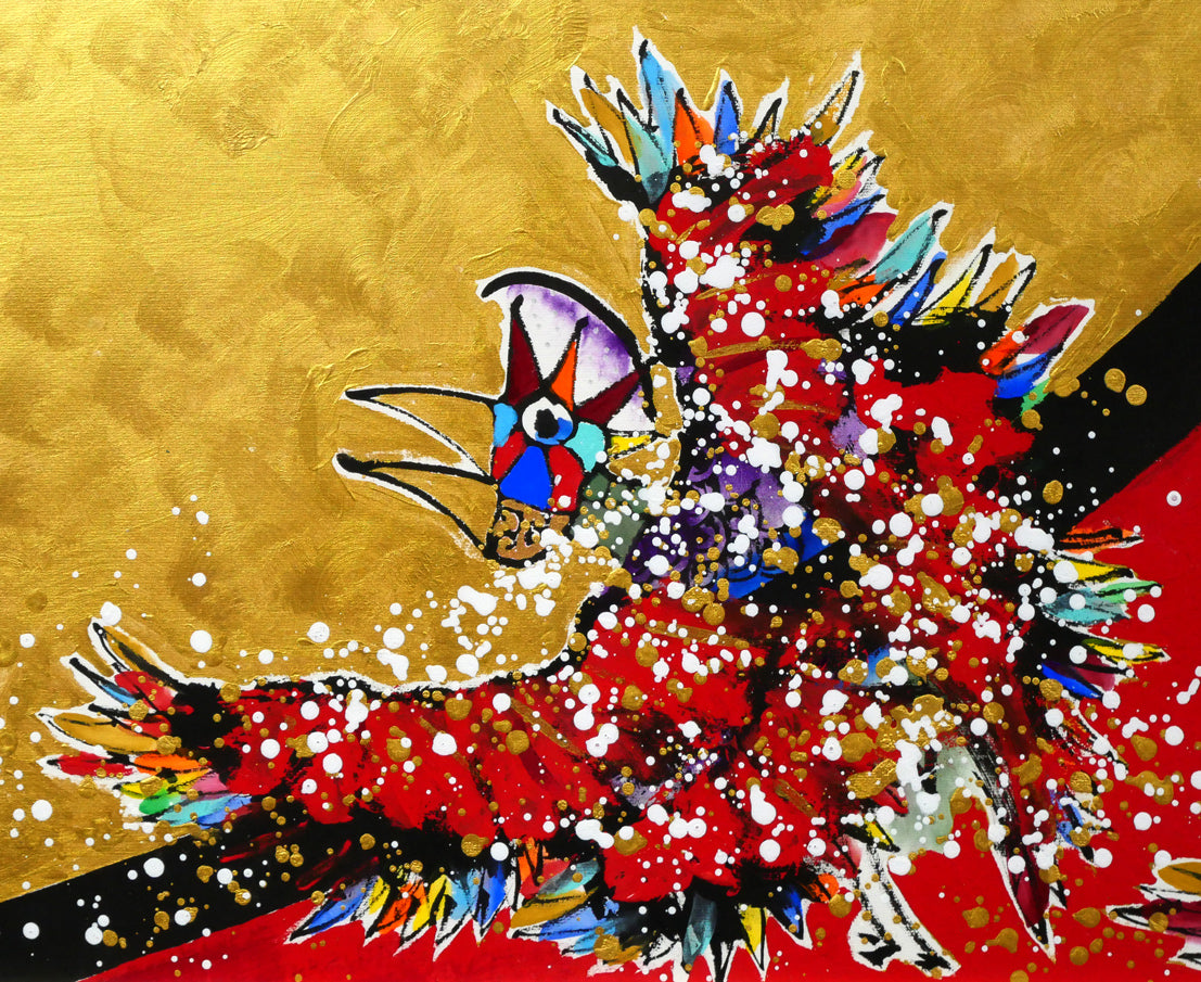 城本敏由樹「福鳥と赤富士（天上天下唯我独尊）」墨・彩色画・60号大　拡大画像3