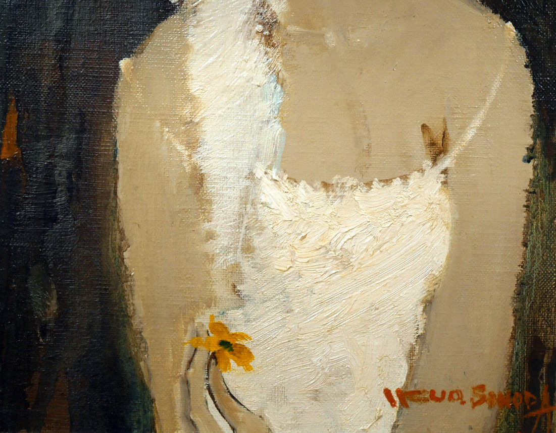 園田郁夫「女性像（白い服）」油絵・F3号　拡大画像3