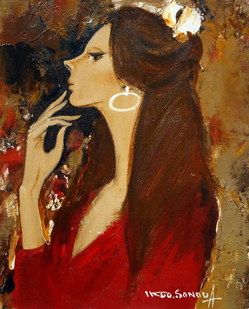 園田郁夫「女性像（赤い服）」油絵・F3号　作品全体画像