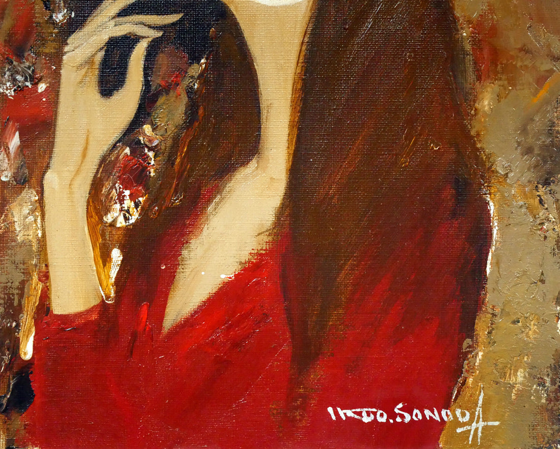 園田郁夫「女性像（赤い服）」油絵・F3号　拡大画像3