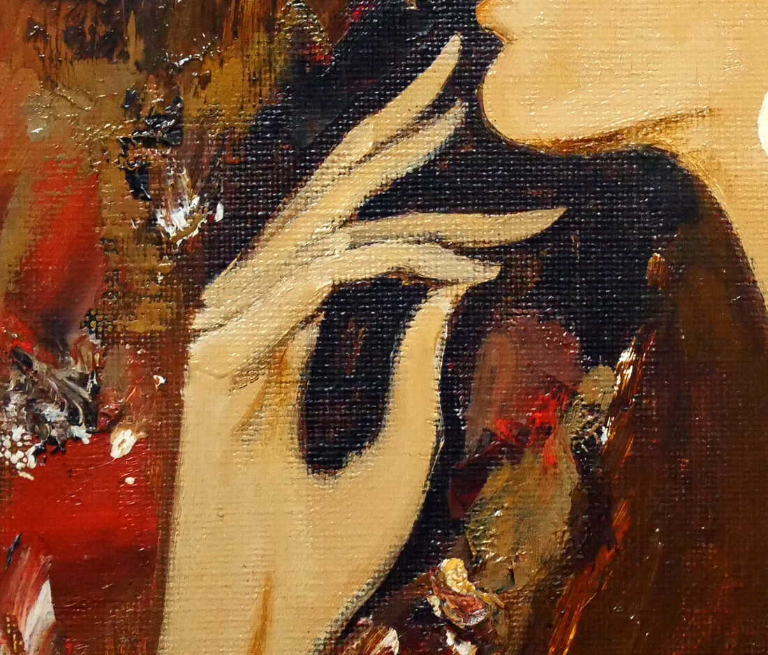 園田郁夫「女性像（赤い服）」油絵・F3号　拡大画像4