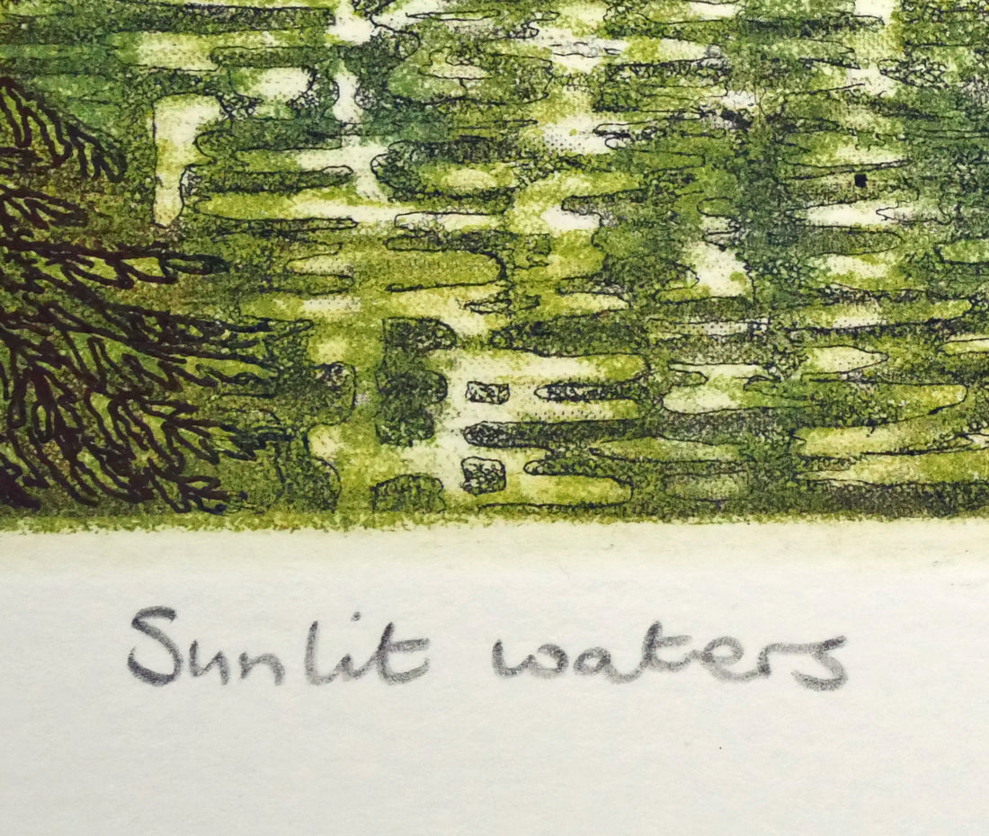 ステファン　ウイットル（Stephen　Whittle）「Sunlit　waters」銅版画　タイトル部分拡大画像