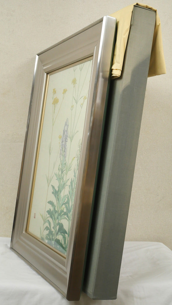 杉山寧「花」日本画・15号　付属品画像（黄袋、布タトウ箱付き）