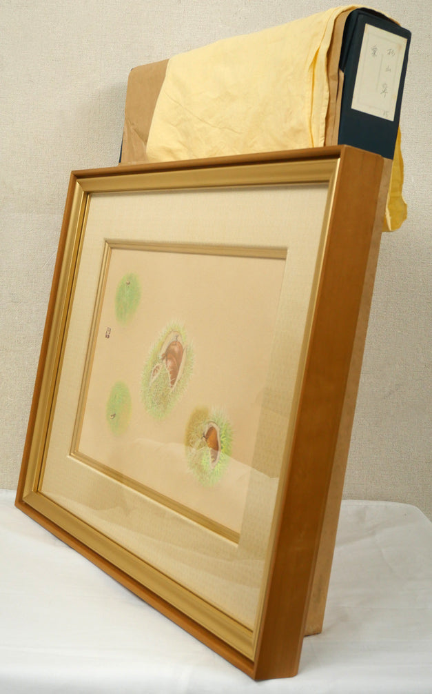 杉山寧「栗」パステル・水彩画・8号　付属品画像（黄袋、布タトウ箱）
