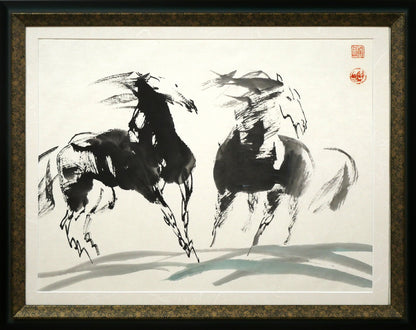 尚申三「双馬図」墨彩画・10号
