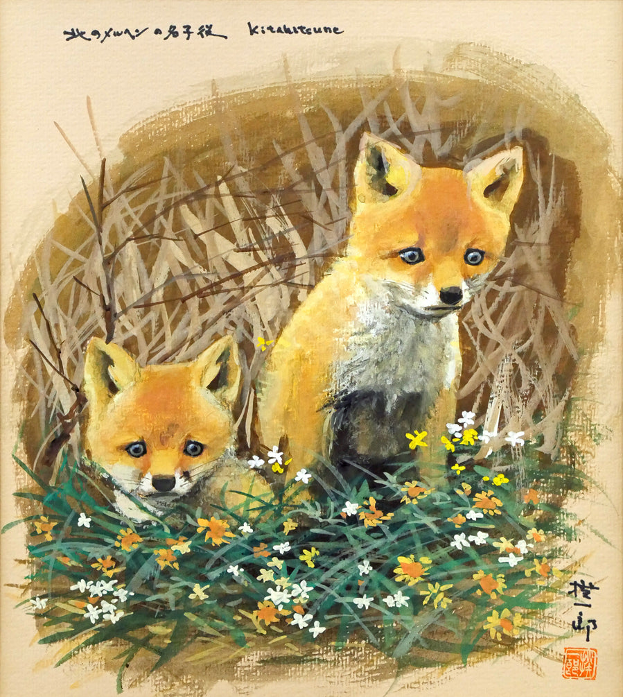高橋揆一郎「北のメルヘンの名子役　Kitakitsune」水彩画・色紙　作品全体画像