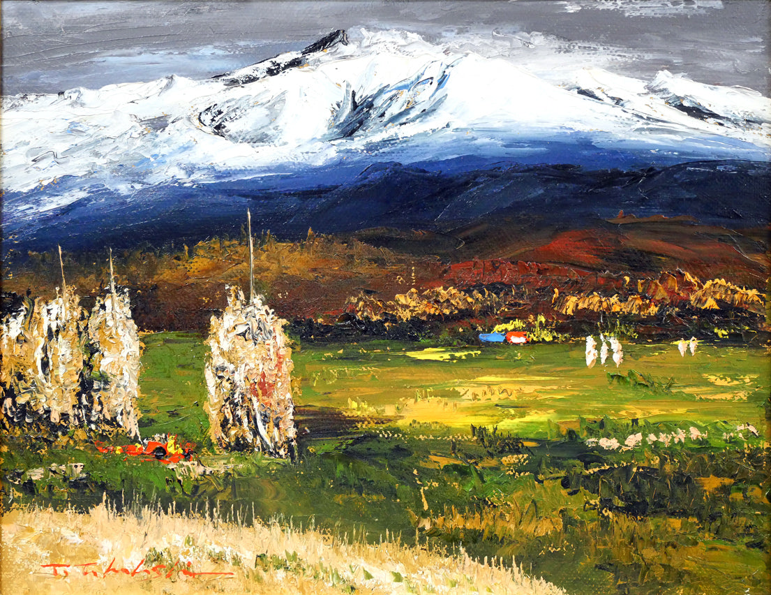 高橋哲夫「新雪の十勝岳」油絵・F6号　作品全体画像