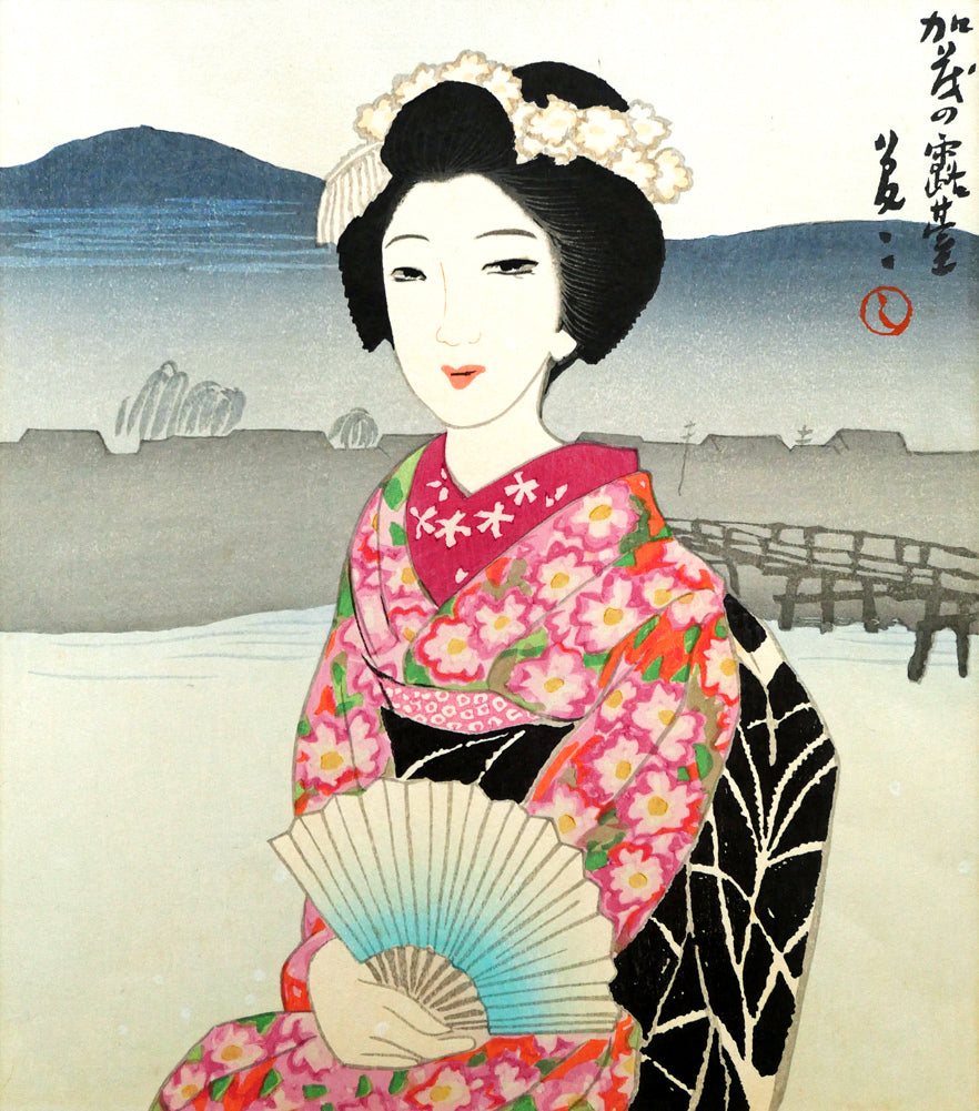 竹久夢二「加茂の露台」木版画　作品全体画像