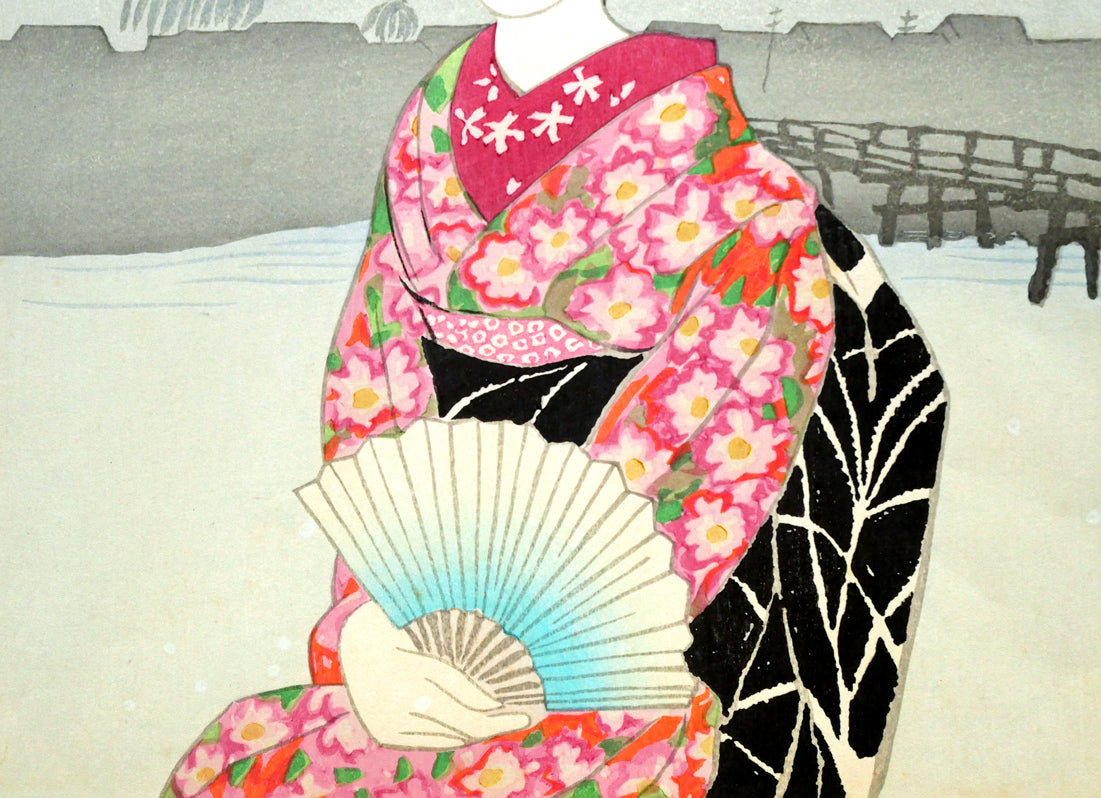 竹久夢二「加茂の露台」木版画　拡大画像2