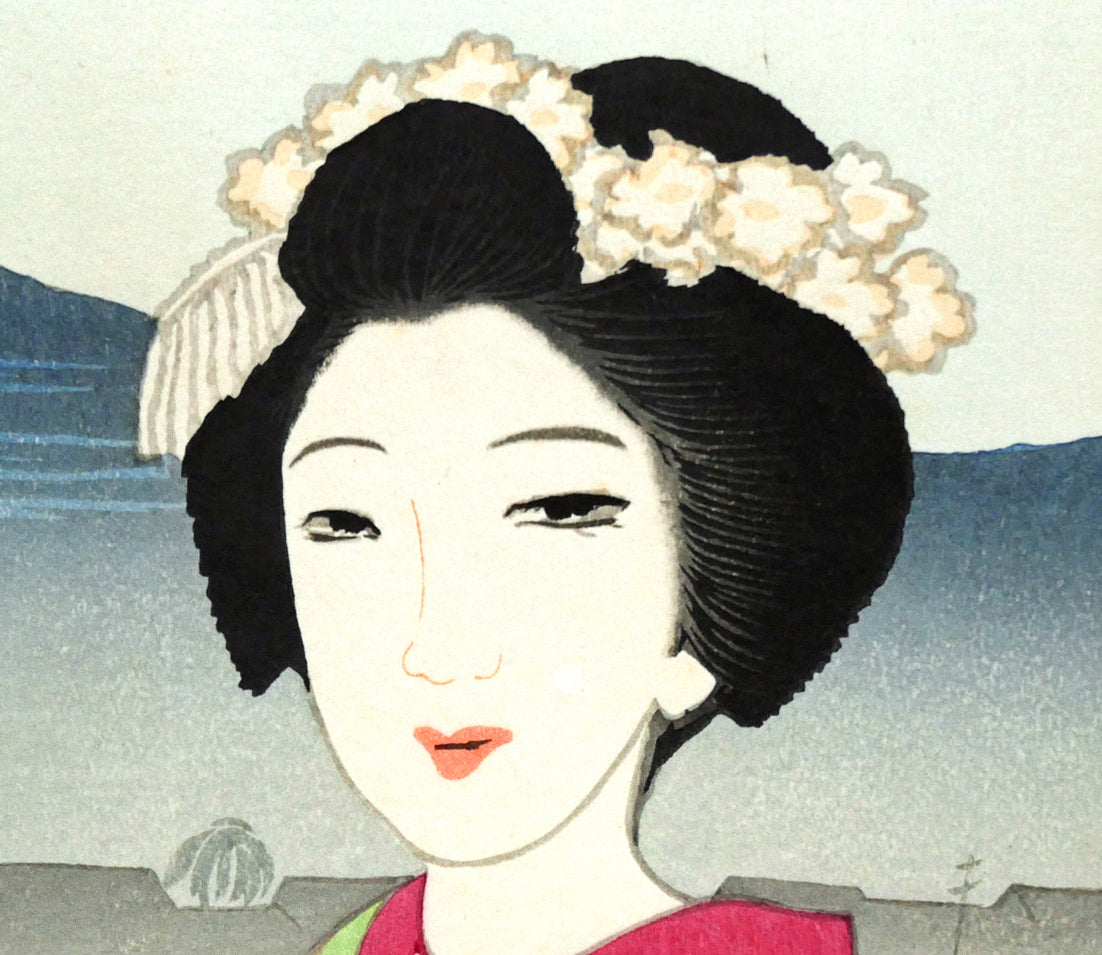 竹久夢二「加茂の露台」木版画　拡大画像3