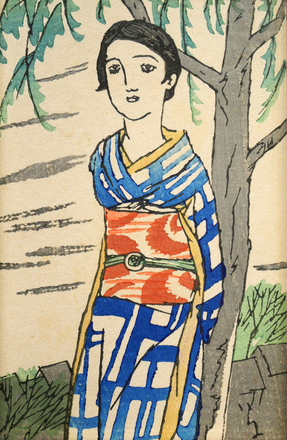 竹久夢二「恋ごころ『夢二小品版画集』加藤版画研究所」木版画　作品全体画像