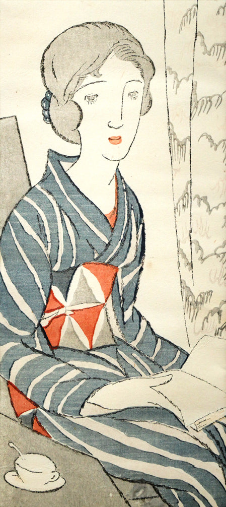 竹久夢二「童話（コーヒーカップ）」木版画（1924年初版摺り）　作品全体画像