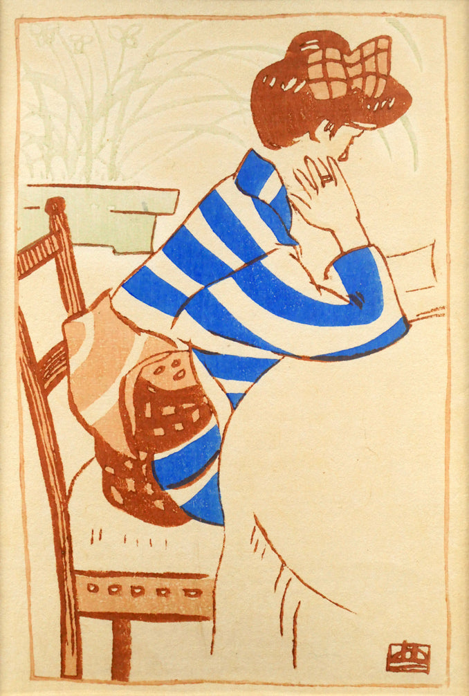 竹久夢二「窓辺の蘭（明治43年「花の巻」より）」木版画　作品全体画像