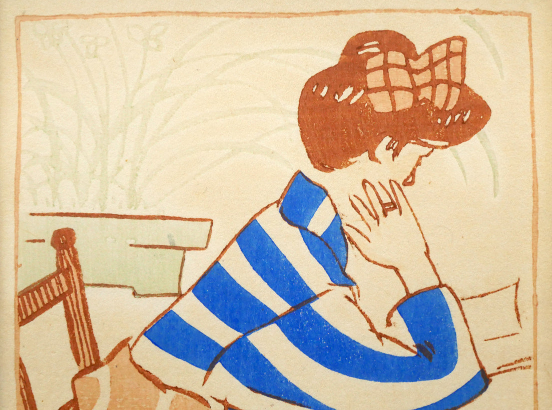 竹久夢二「窓辺の蘭（明治43年「花の巻」より）」木版画　拡大画像1