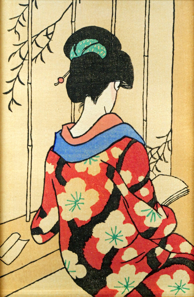 竹久夢二「待つ女」木版画　作品全体画像