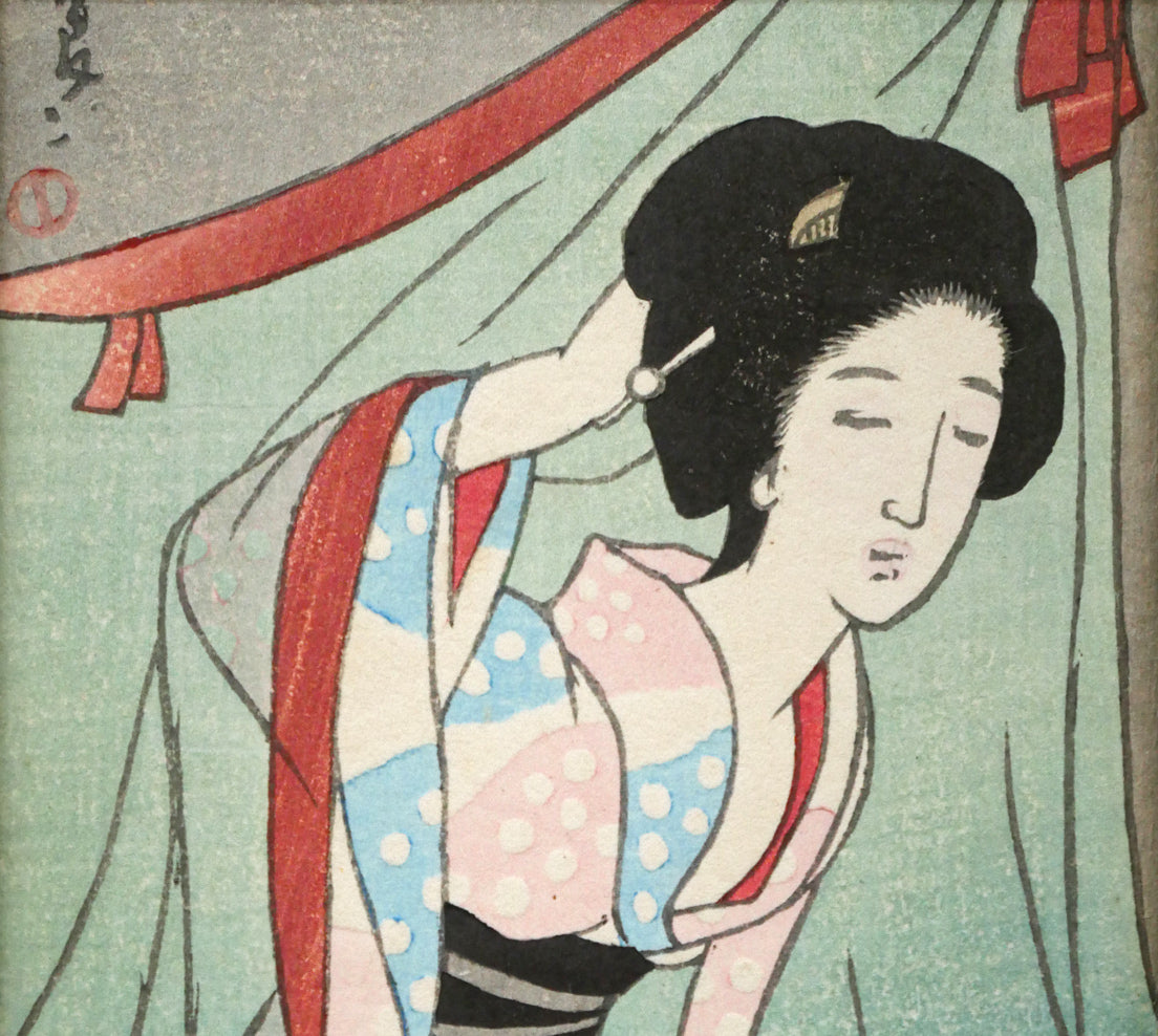 竹久夢二「夏の夜の」木版画　拡大画像1