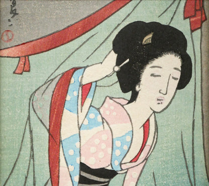 竹久夢二「夏の夜の」木版画　拡大画像1