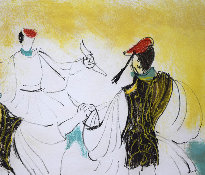 竹岡羊子「ギリシアの踊り」リトグラフに手彩色　拡大画像2