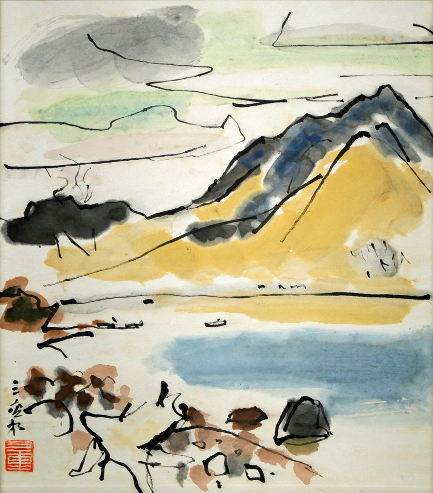 田辺三重松「風不死岳と樽前山（支笏湖）」墨彩画・色紙　作品全体画像