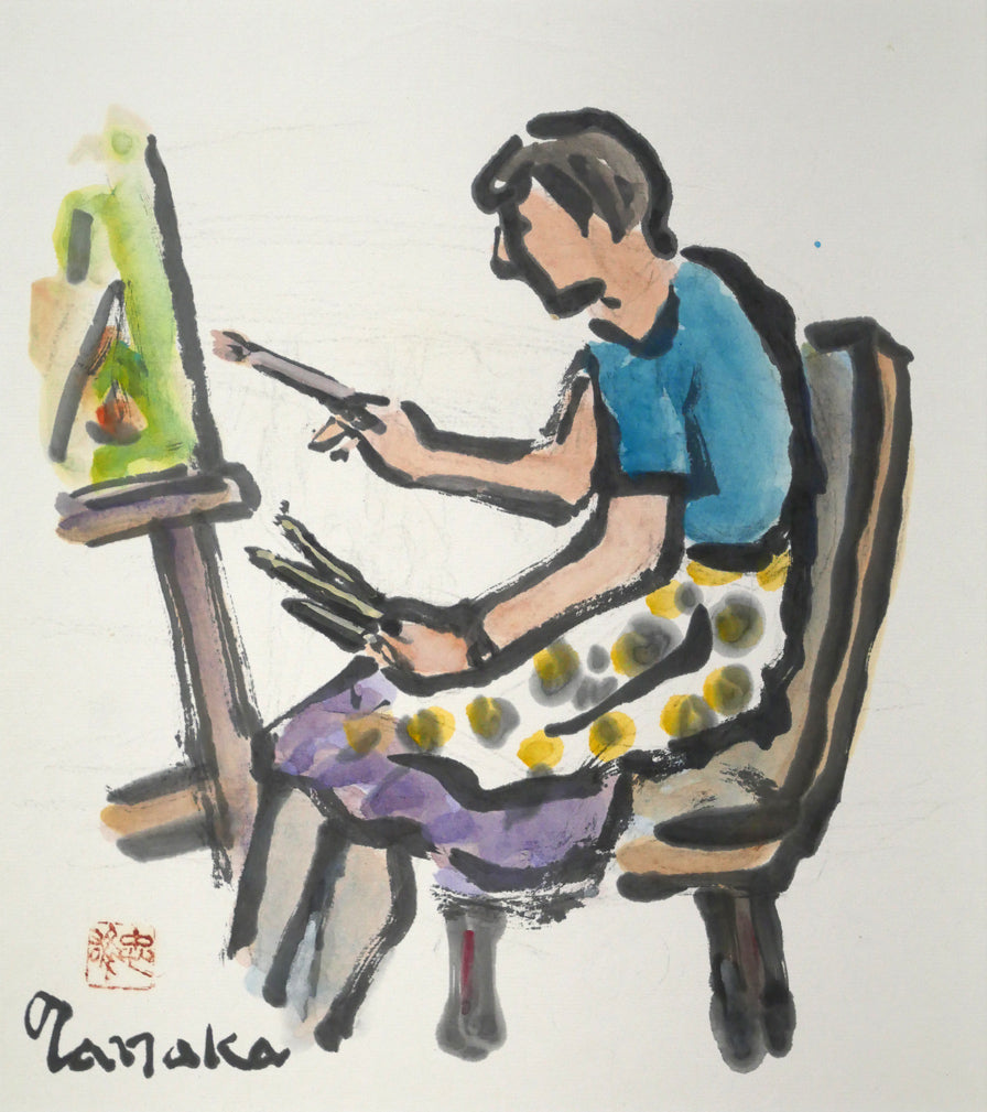 田中忠雄「描く人　イーゼルに向って」水彩画・色紙　作品全体画像