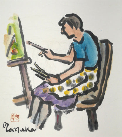 田中忠雄「描く人　イーゼルに向って」水彩画・色紙　作品全体画像