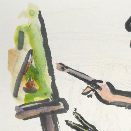 田中忠雄「描く人　イーゼルに向って」水彩画・色紙　拡大画像1