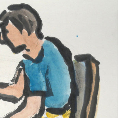 田中忠雄「描く人　イーゼルに向って」水彩画・色紙　拡大画像2