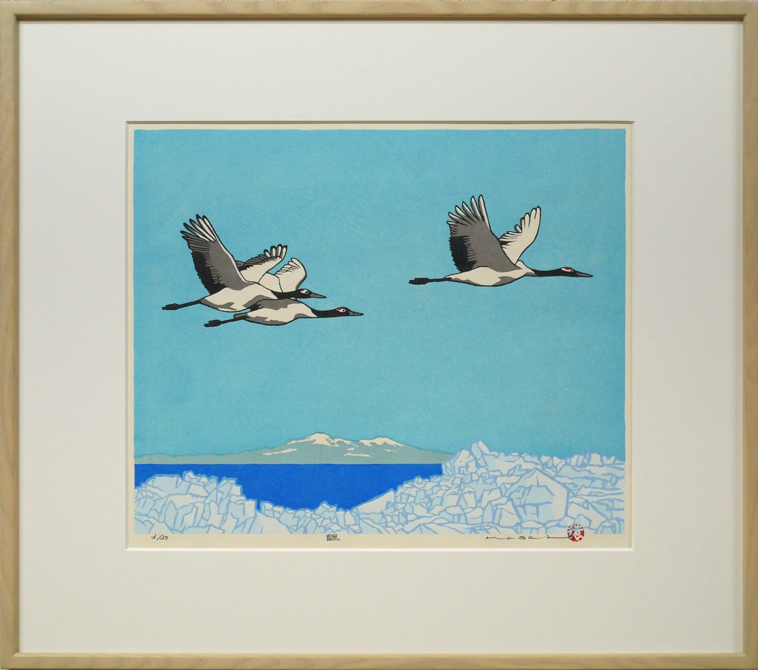谷内正遠「鶴（流氷）」木版画