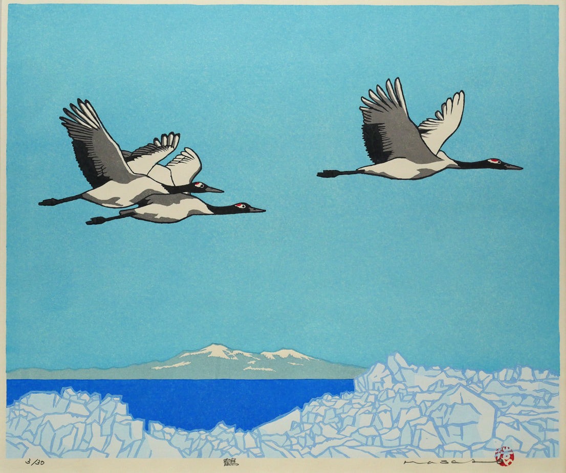谷内正遠「鶴（流氷）」木版画　作品全体画像