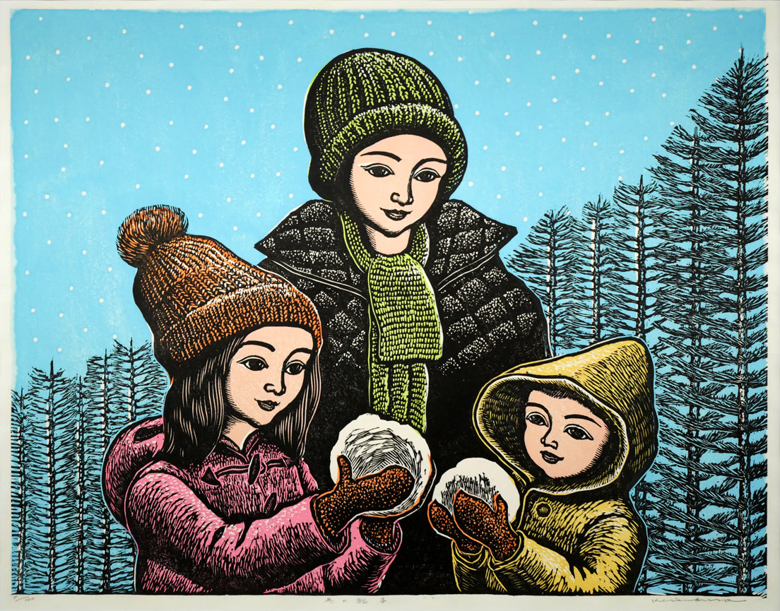 手島圭三郎「冬の親子」木版画　作品全体画像