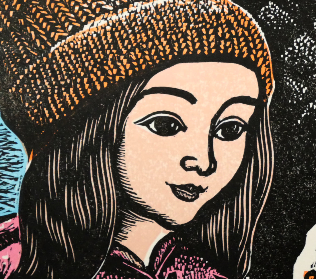 手島圭三郎「冬の親子」木版画　拡大画像6