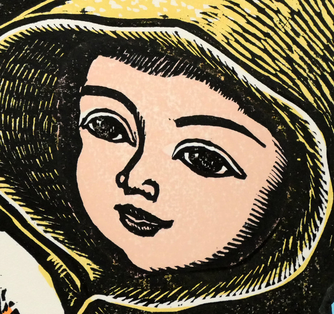 手島圭三郎「冬の親子」木版画　拡大画像7