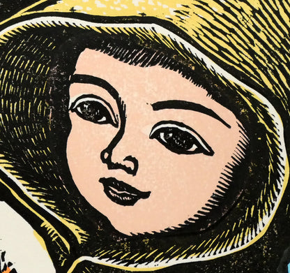 手島圭三郎「冬の親子」木版画　拡大画像7