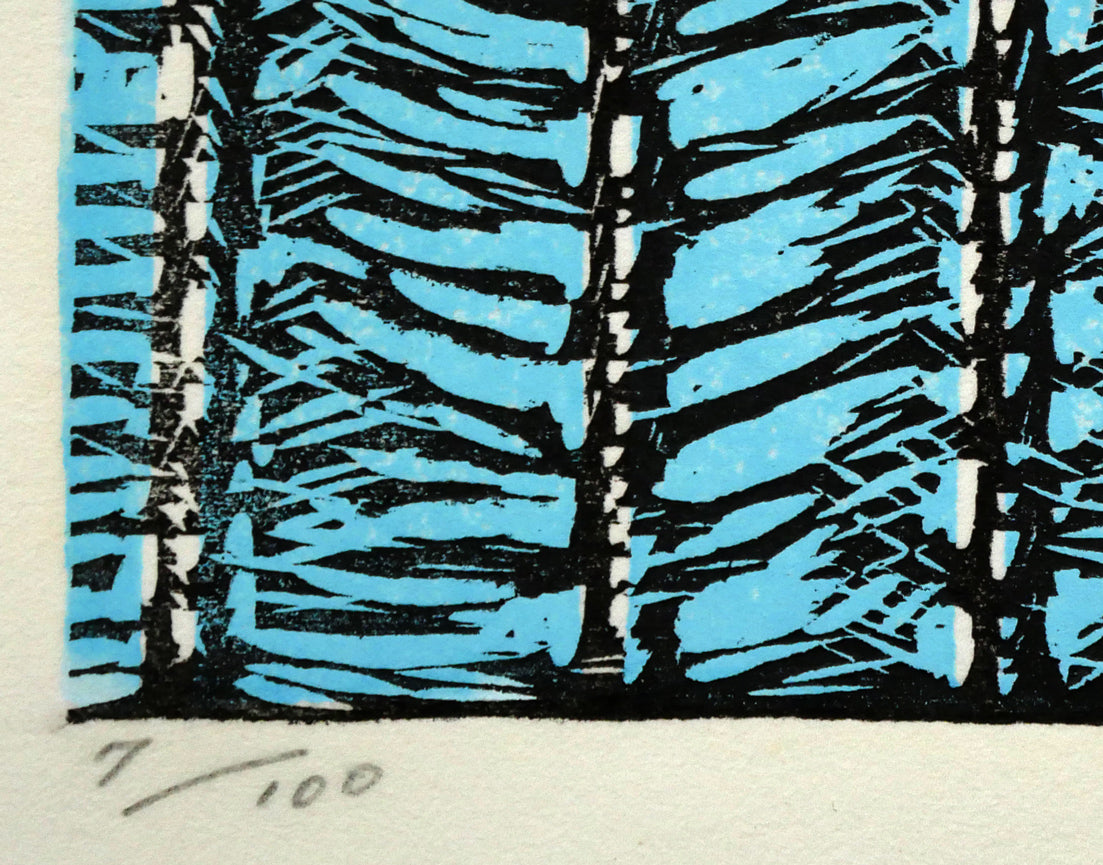 手島圭三郎「冬の親子」木版画　限定番号（ed,7/100）