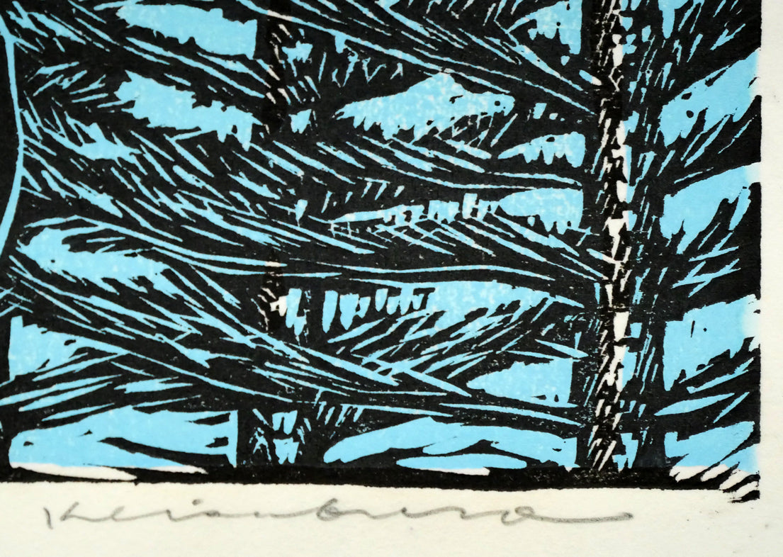 手島圭三郎「冬の親子」木版画　本人直筆鉛筆サイン