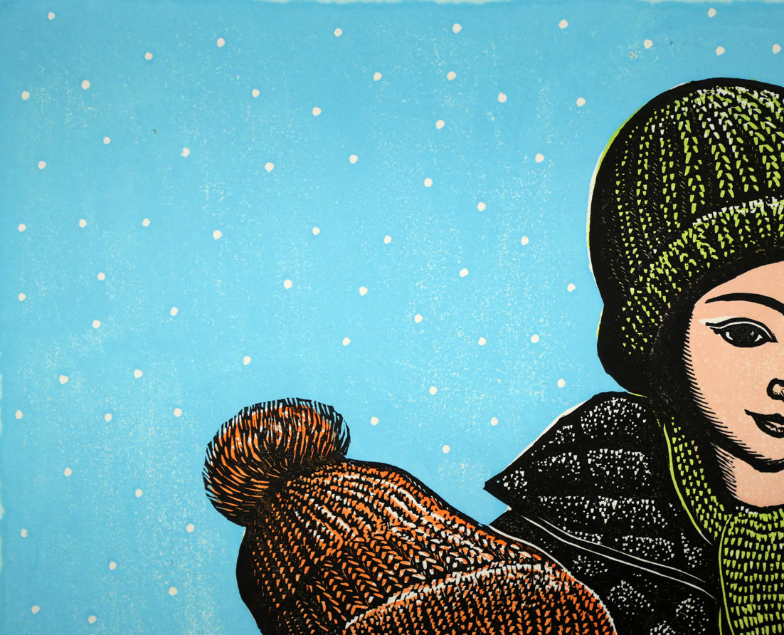 手島圭三郎「冬の親子」木版画　拡大画像1