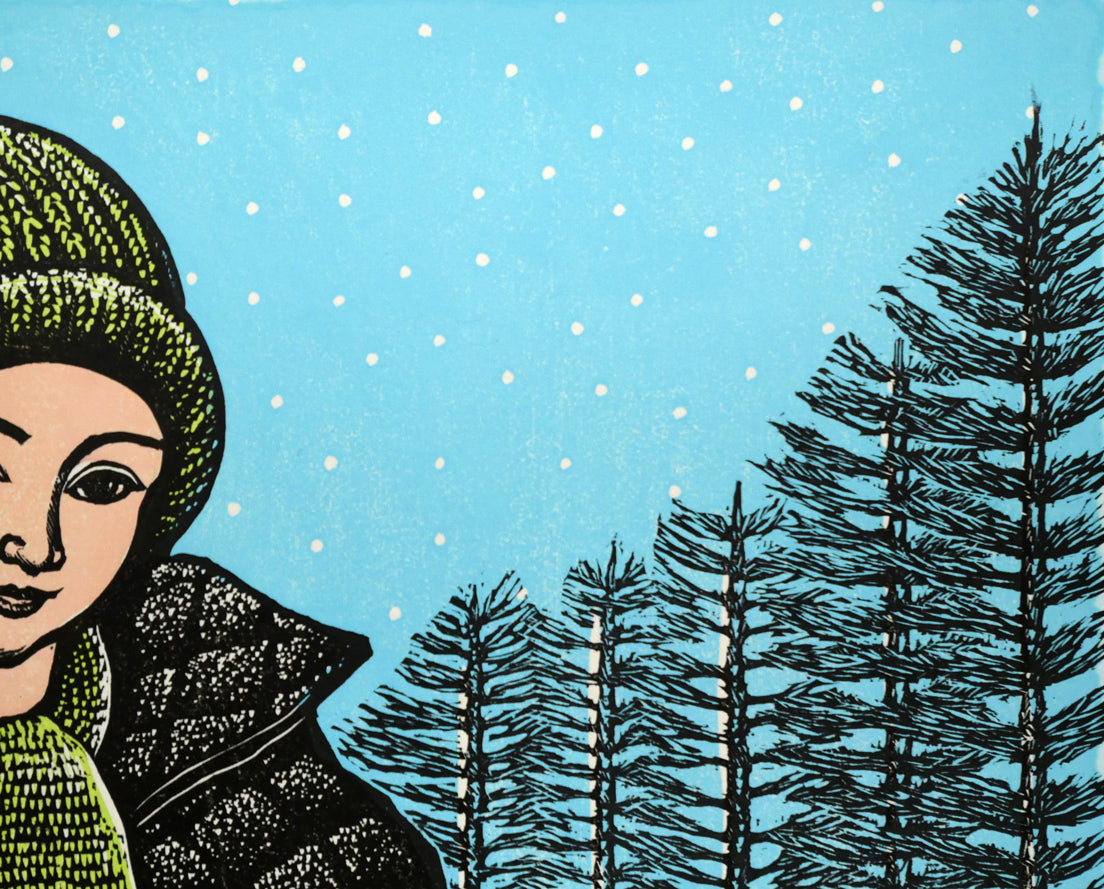 手島圭三郎「冬の親子」木版画　拡大画像2