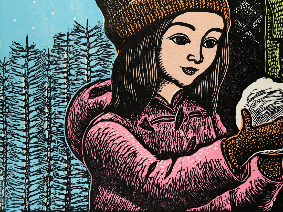 手島圭三郎「冬の親子」木版画　拡大画像3