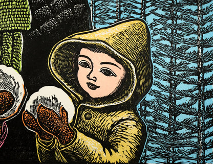 手島圭三郎「冬の親子」木版画　拡大画像4