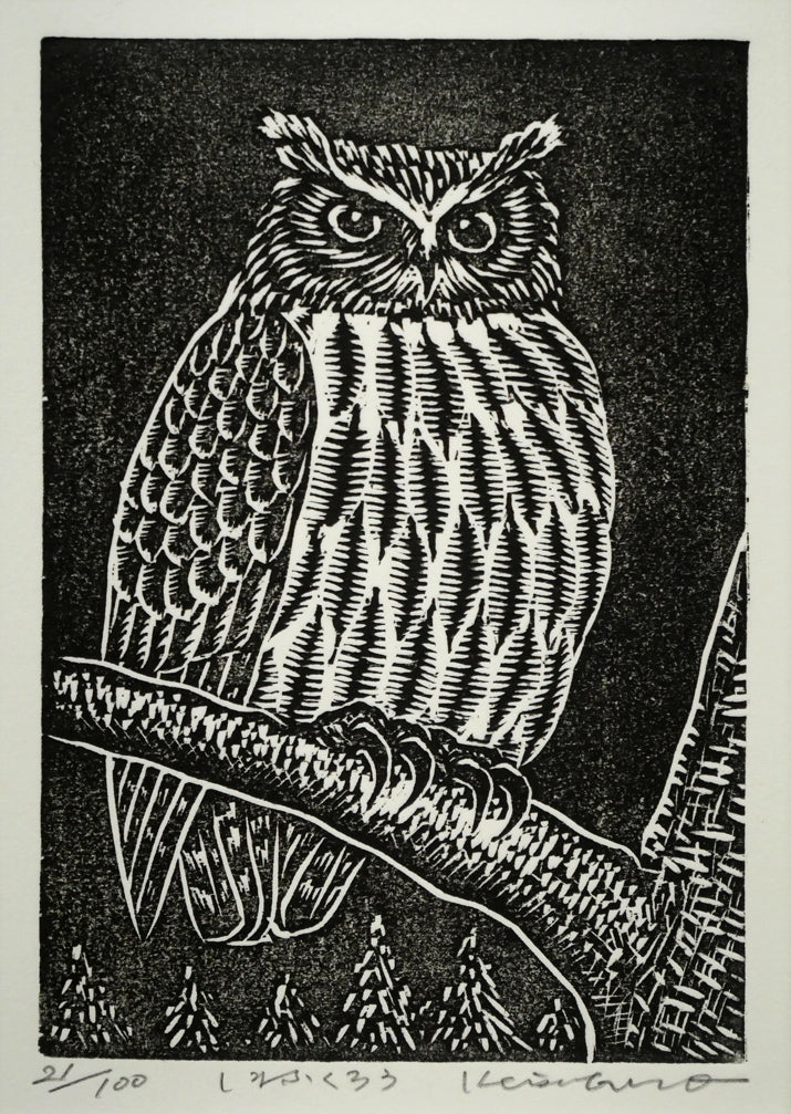 手島圭三郎「しまふくろう」木版画　作品全体画像