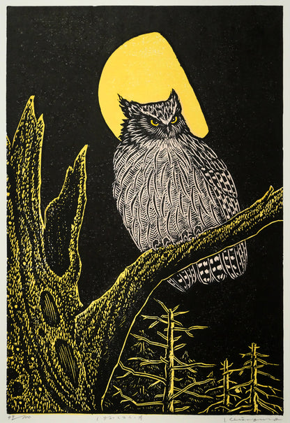 手島圭三郎「しまふくろう・月」木版画　作品全体画像