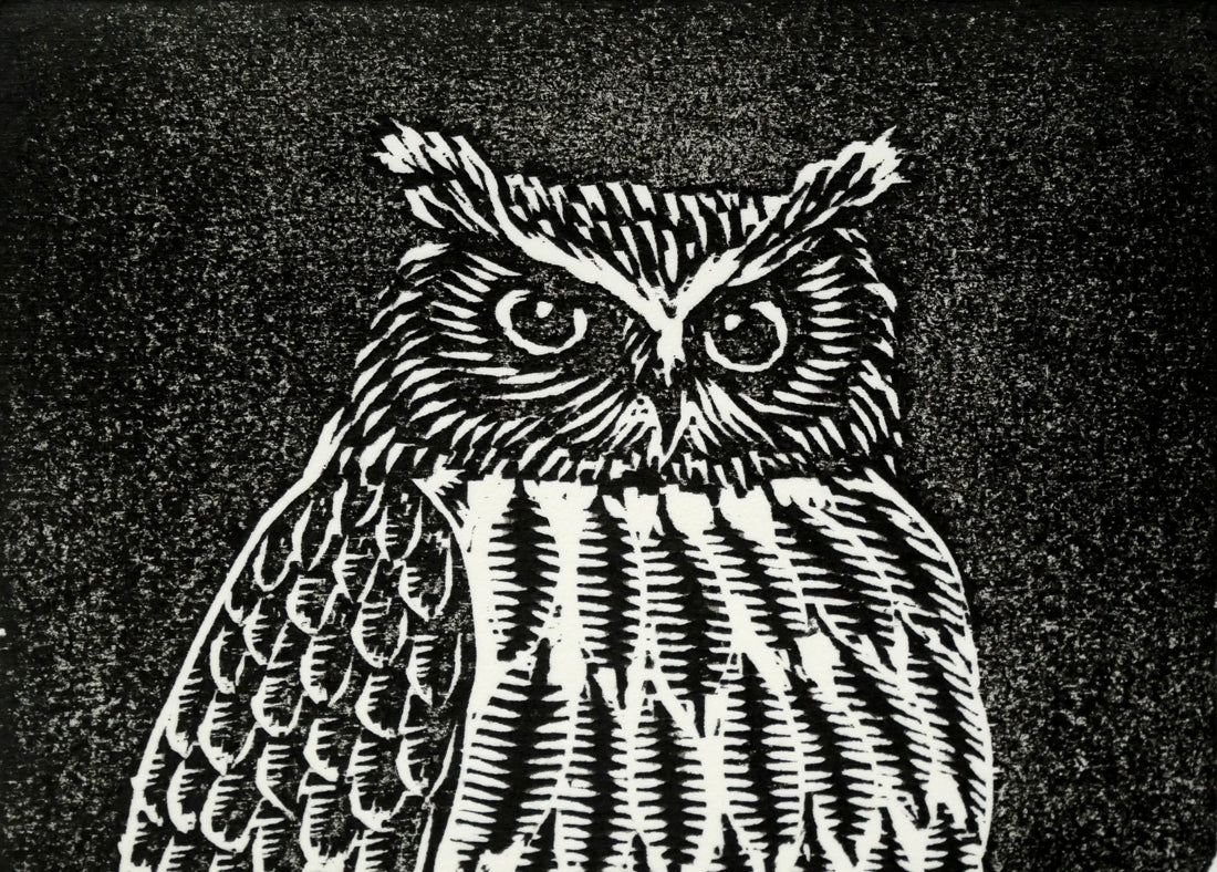 手島圭三郎「しまふくろう」木版画　拡大画像1