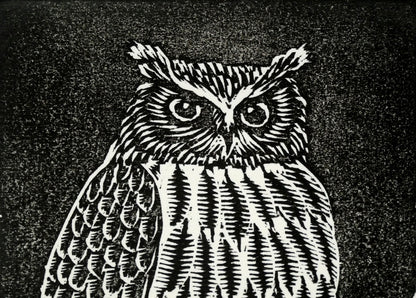 手島圭三郎「しまふくろう」木版画　拡大画像1