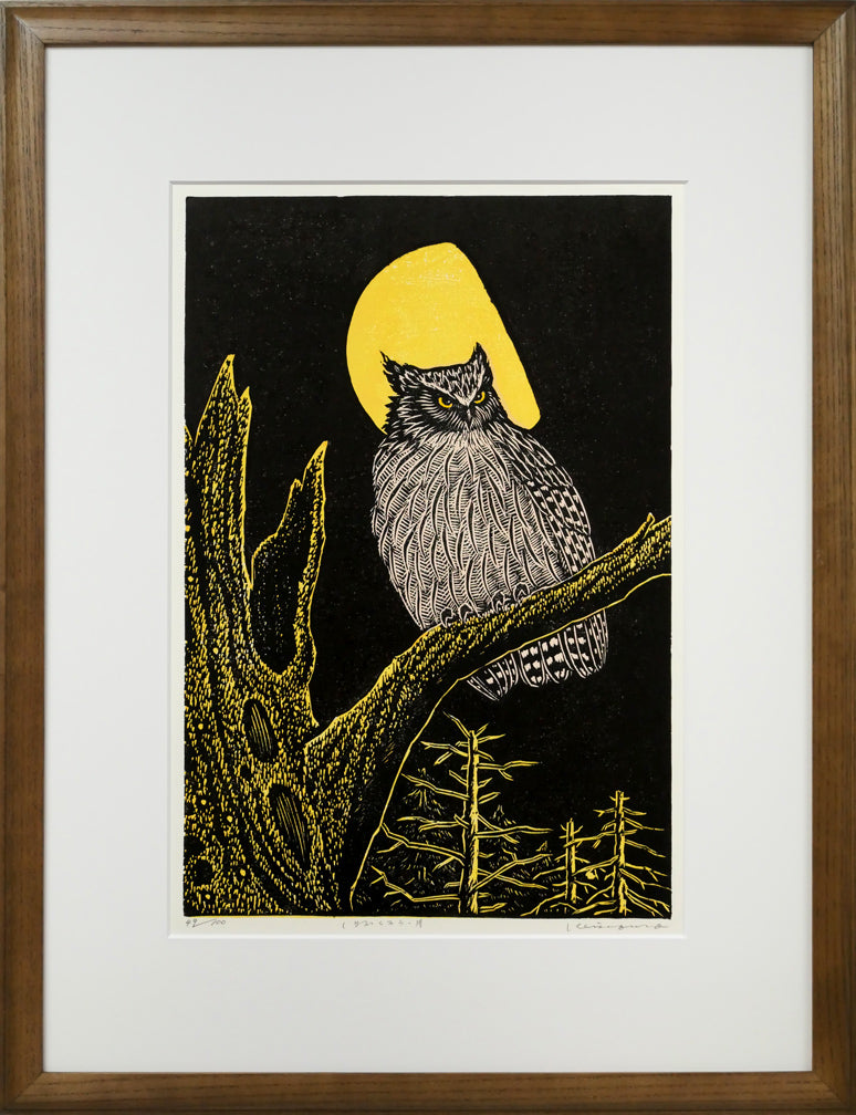 手島圭三郎「しまふくろう・月」木版画