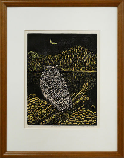 手島圭三郎「しまふくろう流木」木版画
