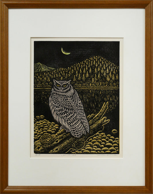 手島圭三郎「しまふくろう流木」木版画
