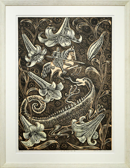 手島圭三郎「白ゆりの幻想」木版画