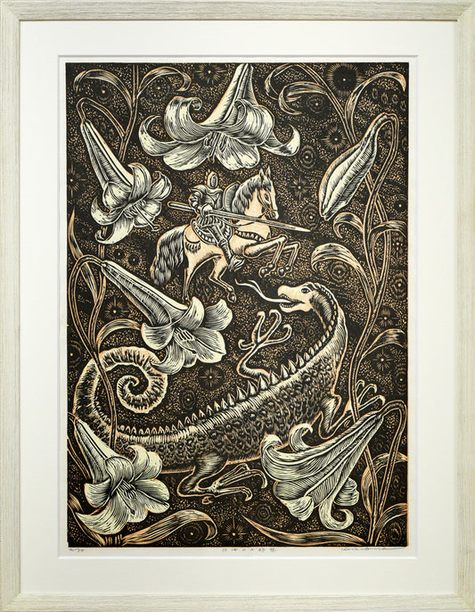 手島圭三郎「白ゆりの幻想」木版画